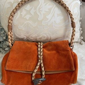 BURBERRY Haymarket Orange Suede Bag with Leather Braided Handle